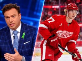 Elliotte Friedman and Detroit Red Wings defenseman Simon Edvinsson in a split image highlighting the latest NHL trade rumors and reported trade discussions.