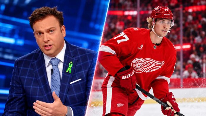 Elliotte Friedman and Detroit Red Wings defenseman Simon Edvinsson in a split image highlighting the latest NHL trade rumors and reported trade discussions.
