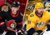 Split image of Tim Stützle in an Ottawa Senators jersey and Steven Stamkos in a Nashville Predators jersey ahead of their October 10, 2026 NHL fantasy hockey matchup.