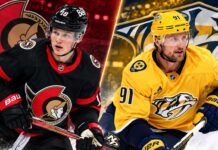 Split image of Tim Stützle in an Ottawa Senators jersey and Steven Stamkos in a Nashville Predators jersey ahead of their October 10, 2026 NHL fantasy hockey matchup.