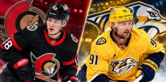 Split image of Tim Stützle in an Ottawa Senators jersey and Steven Stamkos in a Nashville Predators jersey ahead of their October 10, 2026 NHL fantasy hockey matchup.