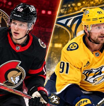 Split image of Tim Stützle in an Ottawa Senators jersey and Steven Stamkos in a Nashville Predators jersey ahead of their October 10, 2026 NHL fantasy hockey matchup.