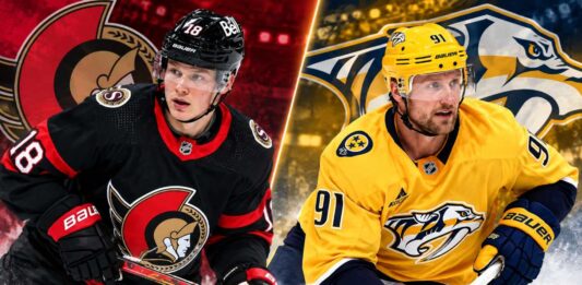 Split image of Tim Stützle in an Ottawa Senators jersey and Steven Stamkos in a Nashville Predators jersey ahead of their October 10, 2026 NHL fantasy hockey matchup.