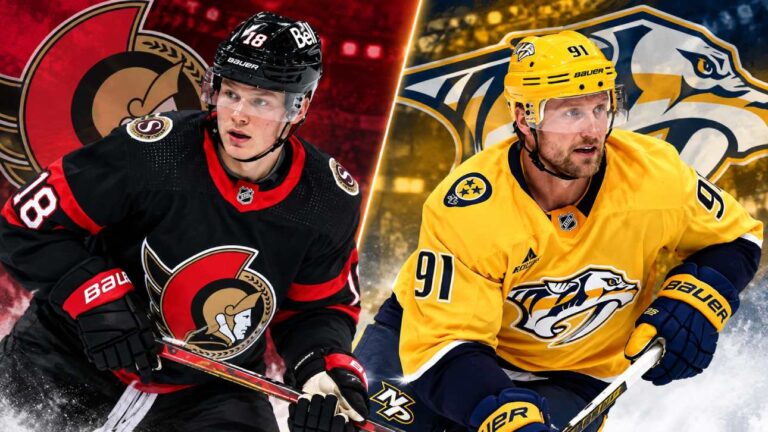Split image of Tim Stützle in an Ottawa Senators jersey and Steven Stamkos in a Nashville Predators jersey ahead of their October 10, 2026 NHL fantasy hockey matchup.