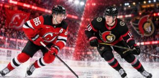 Split image of New Jersey Devils star Jack Hughes and Ottawa Senators forward Tim Stützle ahead of their October 12, 2026, NHL matchup and fantasy hockey prediction.