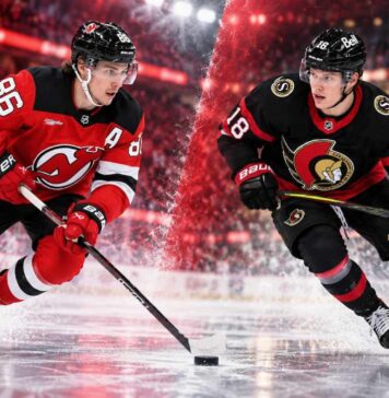 Split image of New Jersey Devils star Jack Hughes and Ottawa Senators forward Tim Stützle ahead of their October 12, 2026, NHL matchup and fantasy hockey prediction.