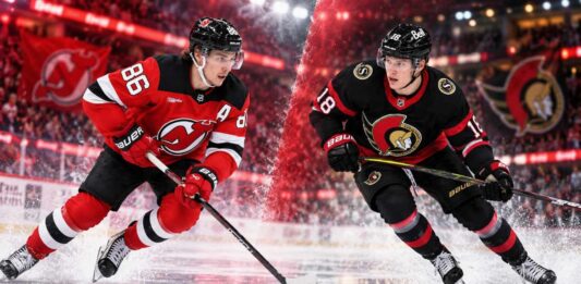 Split image of New Jersey Devils star Jack Hughes and Ottawa Senators forward Tim Stützle ahead of their October 12, 2026, NHL matchup and fantasy hockey prediction.
