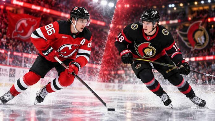 Split image of New Jersey Devils star Jack Hughes and Ottawa Senators forward Tim Stützle ahead of their October 12, 2026, NHL matchup and fantasy hockey prediction.
