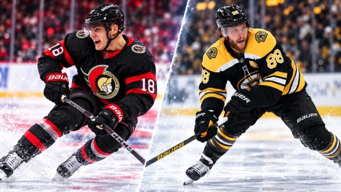 stutzle-pastrnak-senators-bruins-fantasy Tim Stützle of the Ottawa Senators and David Pastrnak of the Boston Bruins featured ahead of their October 5, 2026 fantasy hockey matchup.