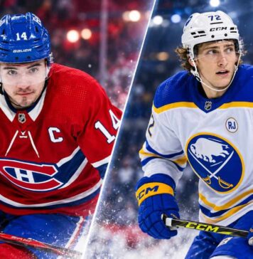 Nick Suzuki of the Montreal Canadiens and Tage Thompson of the Buffalo Sabres featured in a split image ahead of their October 17, 2026 NHL fantasy hockey matchup.