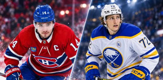 Nick Suzuki of the Montreal Canadiens and Tage Thompson of the Buffalo Sabres featured in a split image ahead of their October 17, 2026 NHL fantasy hockey matchup.