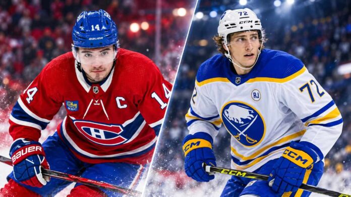 Nick Suzuki of the Montreal Canadiens and Tage Thompson of the Buffalo Sabres featured in a split image ahead of their October 17, 2026 NHL fantasy hockey matchup.