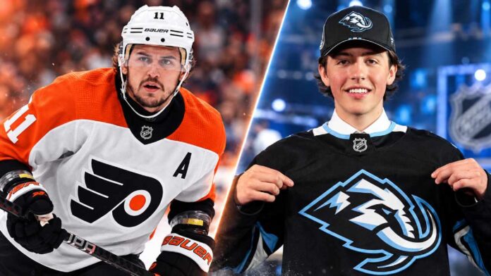 travis-konecny-caleb-desnoyers-flyers-utah-trade-rumors Travis Konecny of the Philadelphia Flyers and Caleb Desnoyers of the Utah Mammoth featured in NHL trade rumors surrounding a potential blockbuster trade between Philadelphia and Utah.