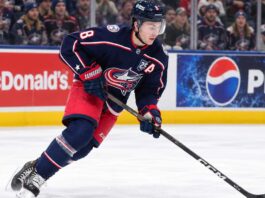 Zach Werenski skating for the Columbus Blue Jackets as NHL trade rumors continue to surround his future in Columbus.