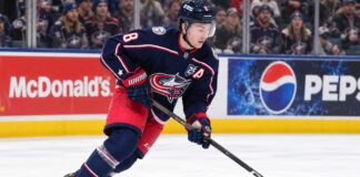 Zach Werenski skating for the Columbus Blue Jackets as NHL trade rumors continue to surround his future in Columbus.