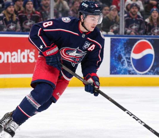 Zach Werenski skating for the Columbus Blue Jackets as NHL trade rumors continue to surround his future in Columbus.