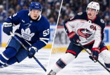 Toronto Maple Leafs forward Easton Cowan and Columbus Blue Jackets defenseman Zach Werenski featured in a split image amid NHL trade rumors linking Werenski to Toronto.