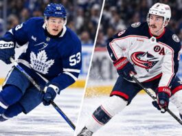 Toronto Maple Leafs forward Easton Cowan and Columbus Blue Jackets defenseman Zach Werenski featured in a split image amid NHL trade rumors linking Werenski to Toronto.