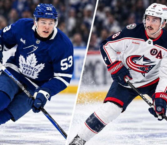 Toronto Maple Leafs forward Easton Cowan and Columbus Blue Jackets defenseman Zach Werenski featured in a split image amid NHL trade rumors linking Werenski to Toronto.