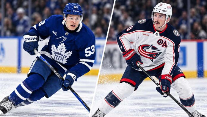 zach-werenski-maple-leafs-blue-jackets-trade-rumors-2026 Toronto Maple Leafs forward Easton Cowan and Columbus Blue Jackets defenseman Zach Werenski featured in a split image amid NHL trade rumors linking Werenski to Toronto.