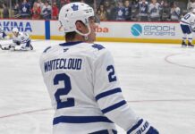 Zach Whitecloud pictured in a Toronto Maple Leafs white away jersey in a trade rumor photo illustration, as Toronto explores defensive upgrades involving the Calgary Flames blueliner.