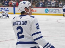 Zach Whitecloud pictured in a Toronto Maple Leafs white away jersey in a trade rumor photo illustration, as Toronto explores defensive upgrades involving the Calgary Flames blueliner.