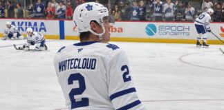 Zach Whitecloud pictured in a Toronto Maple Leafs white away jersey in a trade rumor photo illustration, as Toronto explores defensive upgrades involving the Calgary Flames blueliner.
